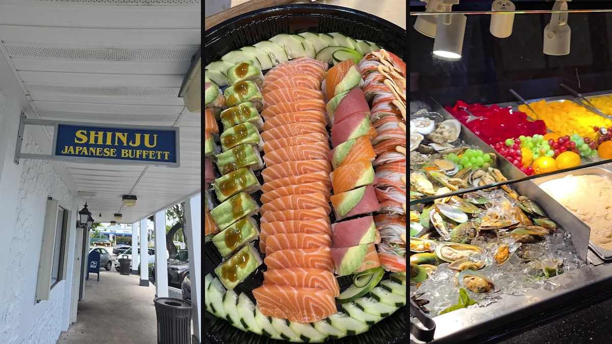 Hibachi counter beside rows of buffet dishes