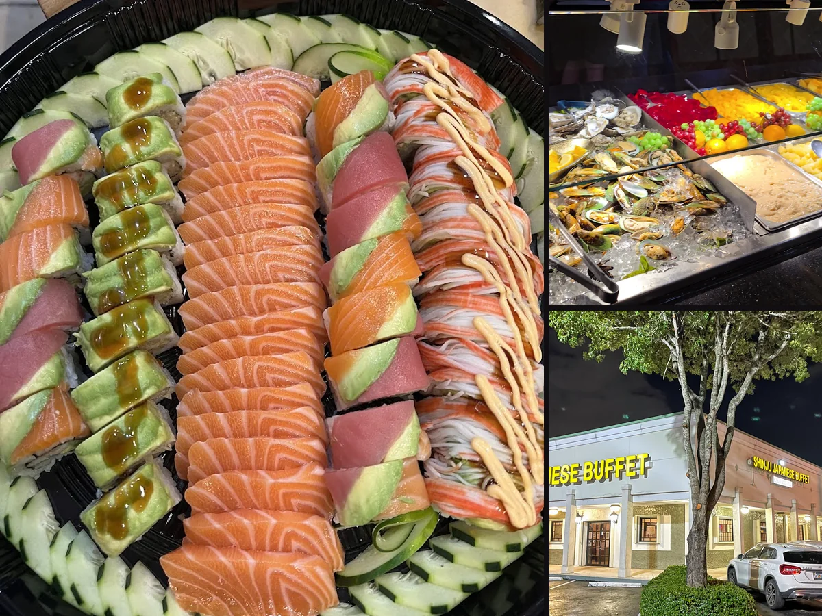 Hibachi counter beside rows of buffet dishes