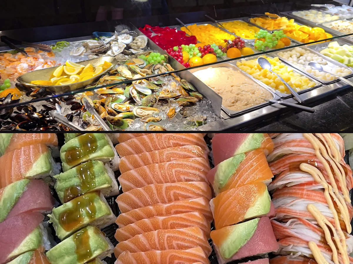 Buffet trays with sushi and sashimi